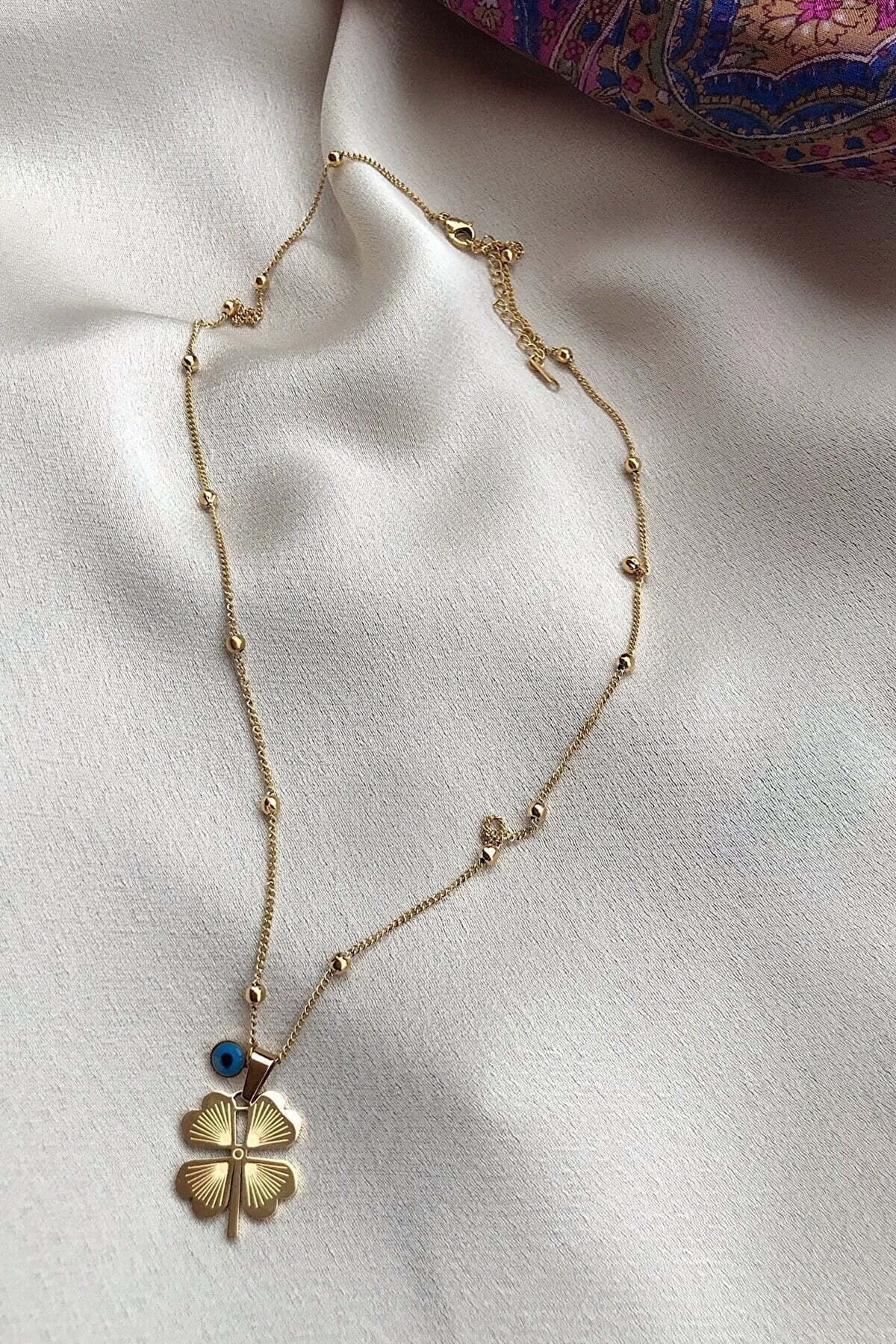 Gold Color 4 Leaf Clover Long Barley Necklace