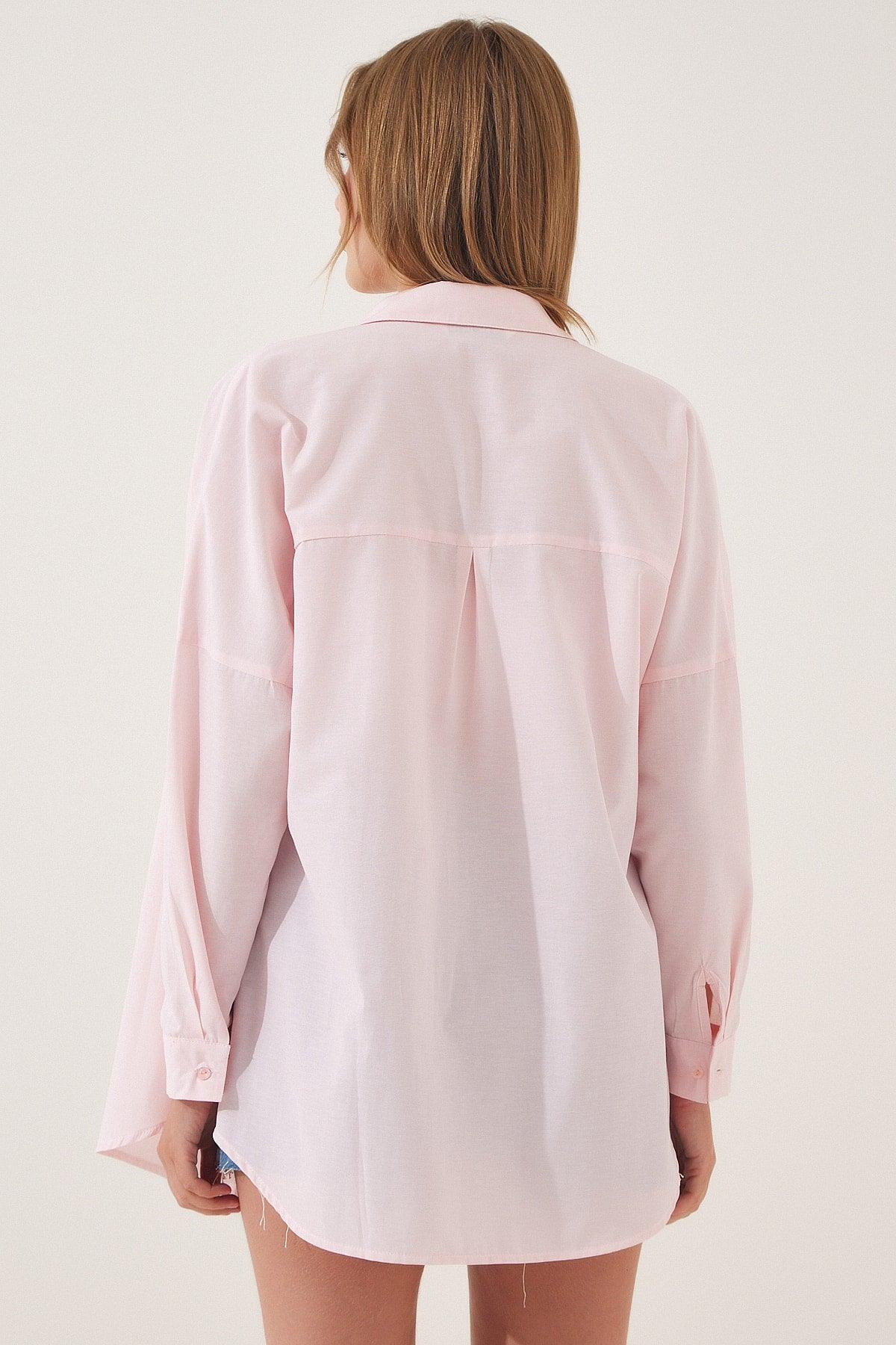 Women's Light Pink Oversize Long Basic Shirt DD00842 - Swordslife