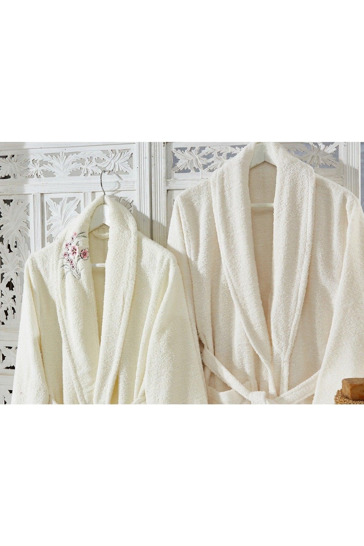 Family Embroidered Cream & Cream Family Bathrobe Set 6 Pieces Dowry Women Men Bathrobe Bath Towel Set - Swordslife