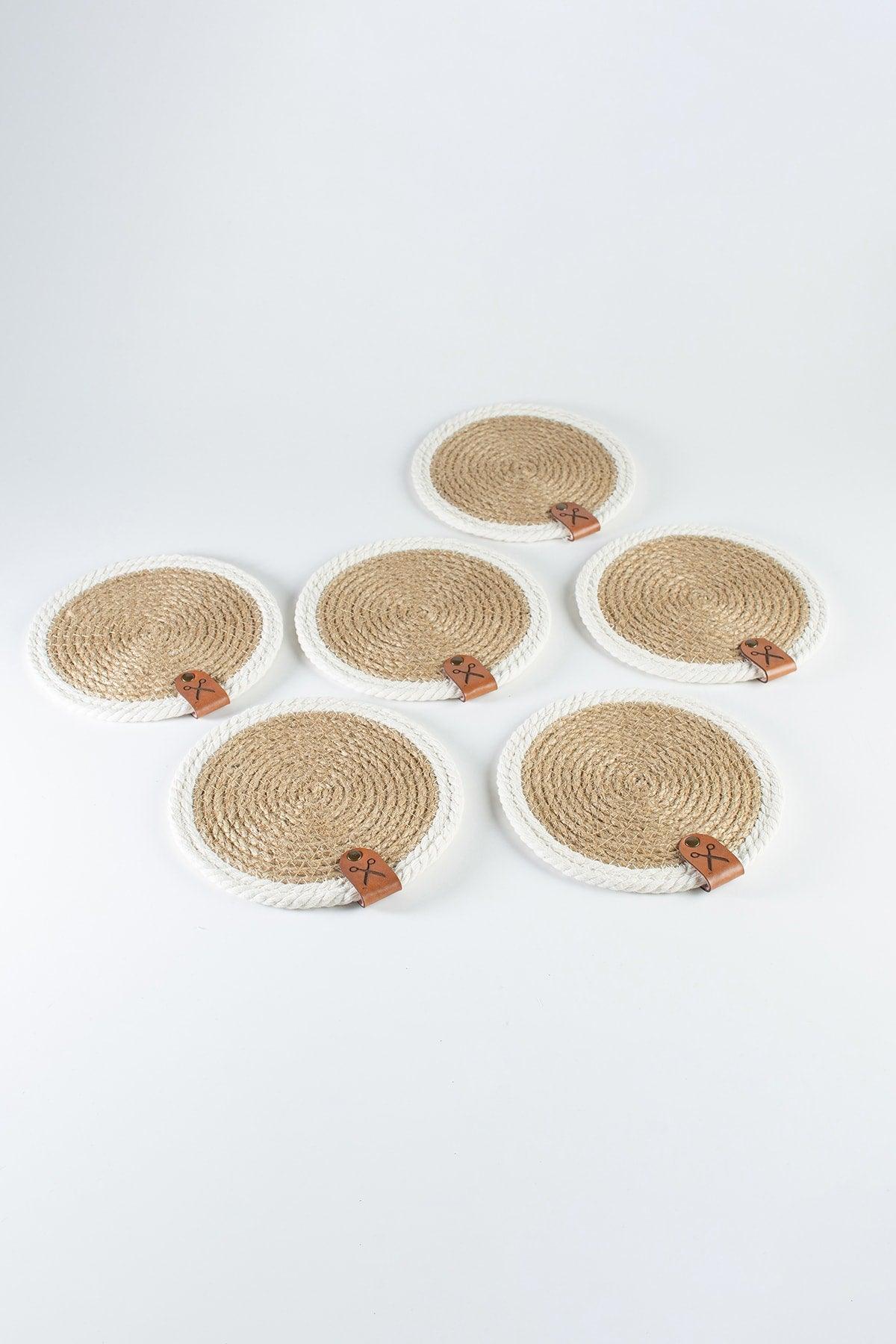 6 Pieces 13cm White Striped Jute Straw Weave Coaster Presentation Set - Swordslife