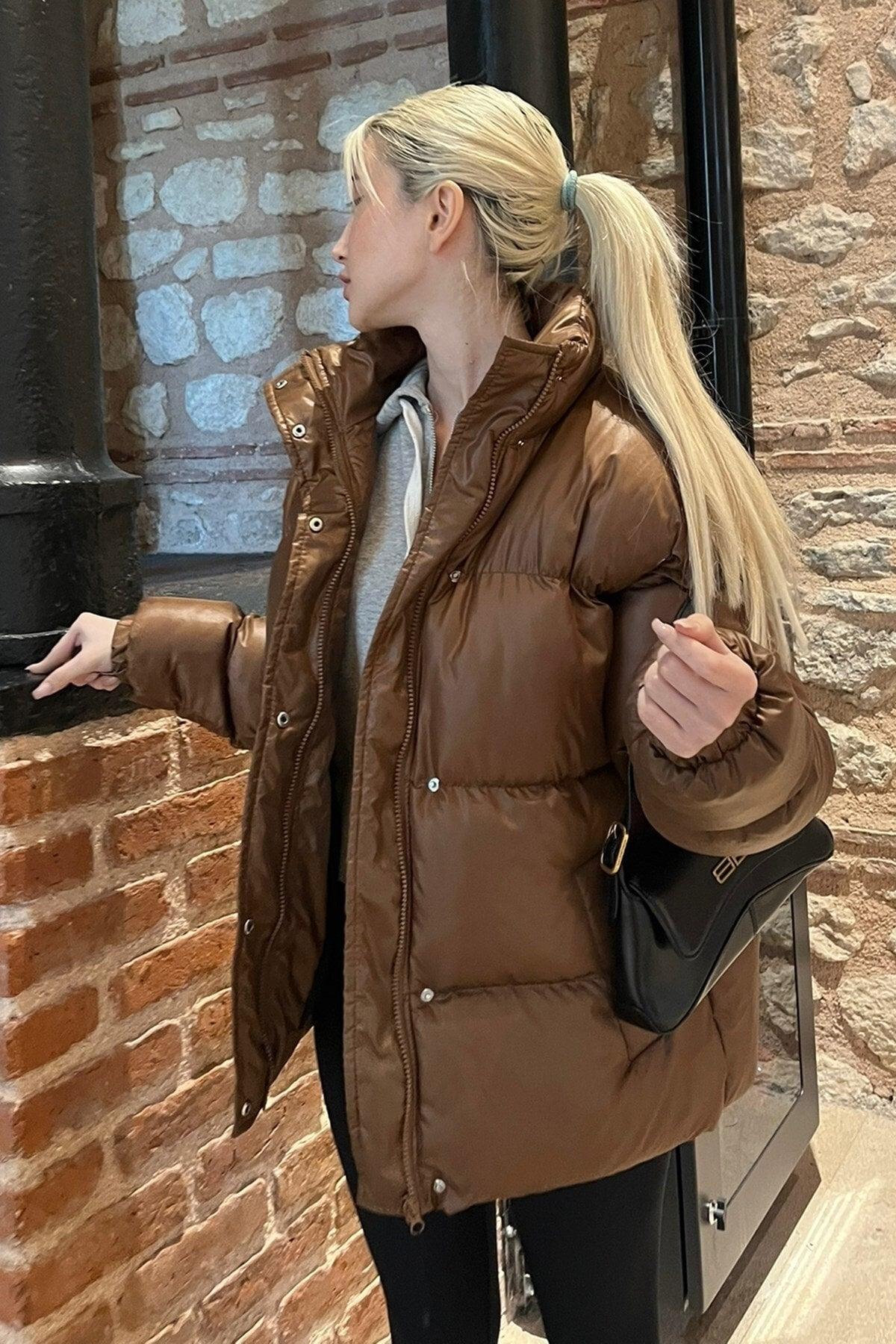 Brown Basic Oversize Women's Down Jacket Mg1582 - Swordslife