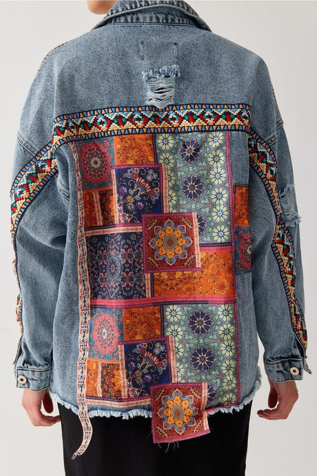 Ethnic Patterned Tasseled Oversize Pocket Denim Jacket - Swordslife