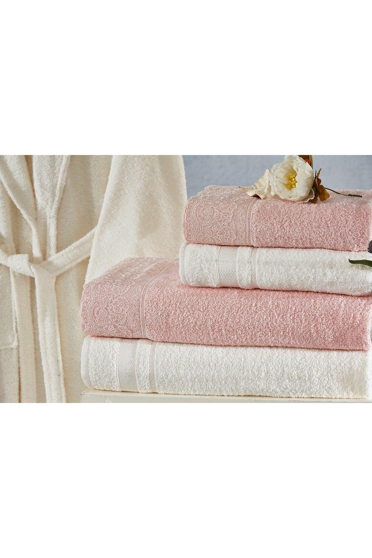 Family Lace Pink & Cream Family Bathrobe Set 6 Pieces Dowry Women Men Bathrobes Bath Towel Set - Swordslife