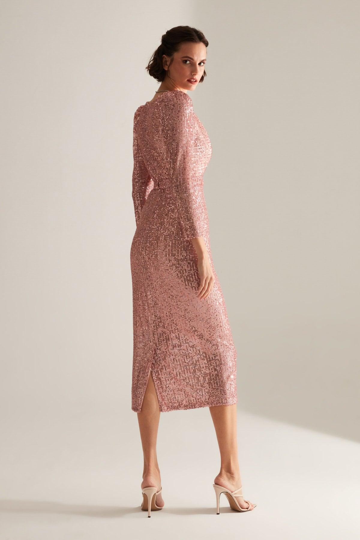 Degajee Collar Pencil Skirt Pink Glitter Sequin Engagement Dress - Swordslife