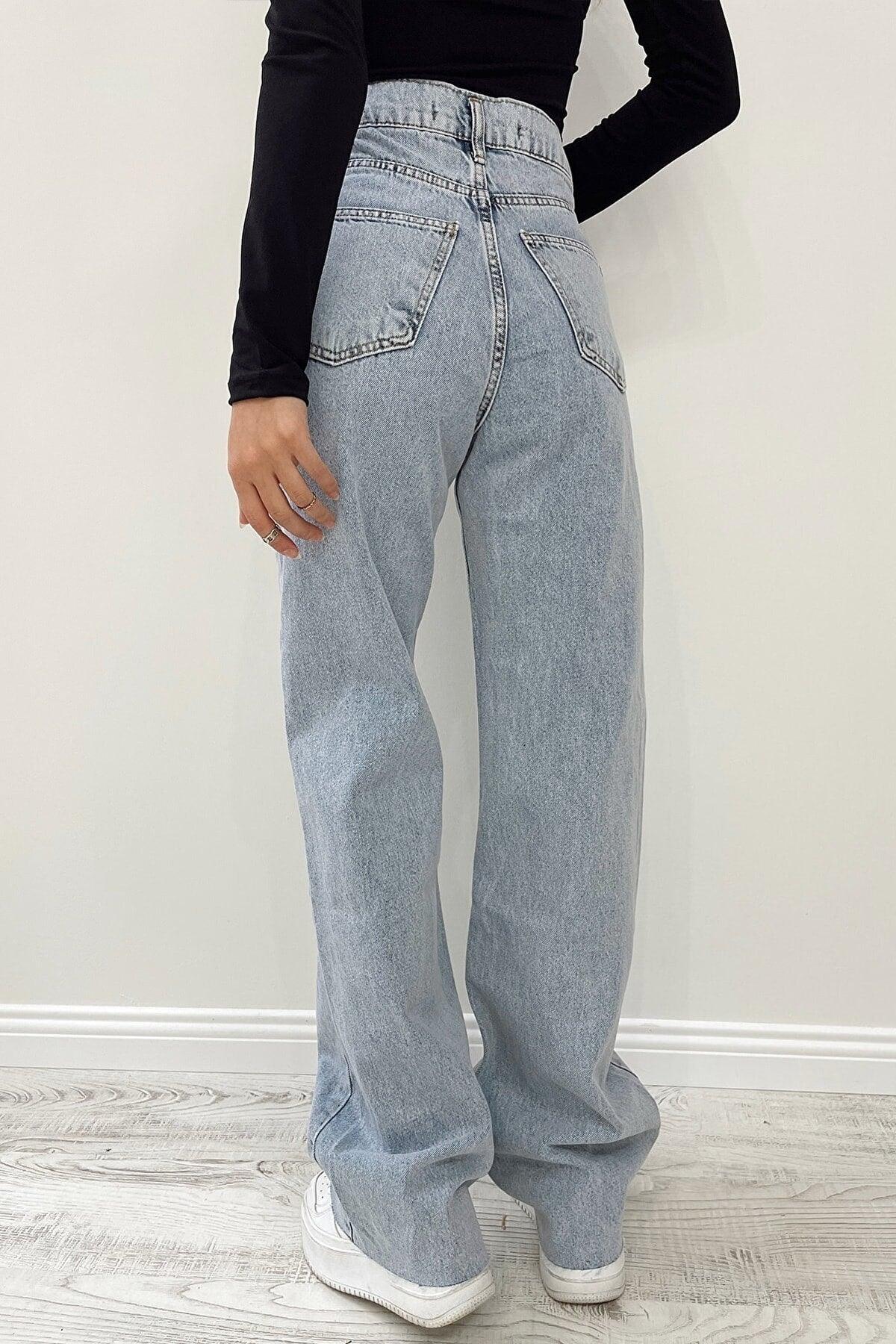 White Chocolate Ice Blue Snow Wash Lycra Super High Waist Loose Jean Palazzo Trousers - Swordslife