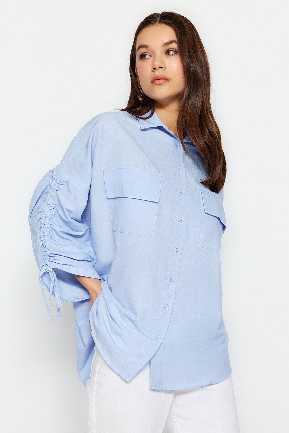 Light Blue Sleeves Adjustable Ruffle Detailed Woven Cotton Shirt TCTSS23TG00011 - Swordslife