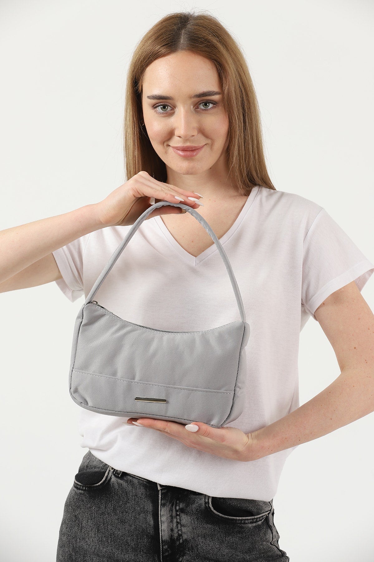 Gray U26 Single Zipper Section Canvas Fabric Women's Daily Baguette Hand And Shoulder Bag U:13 E:25 G:6