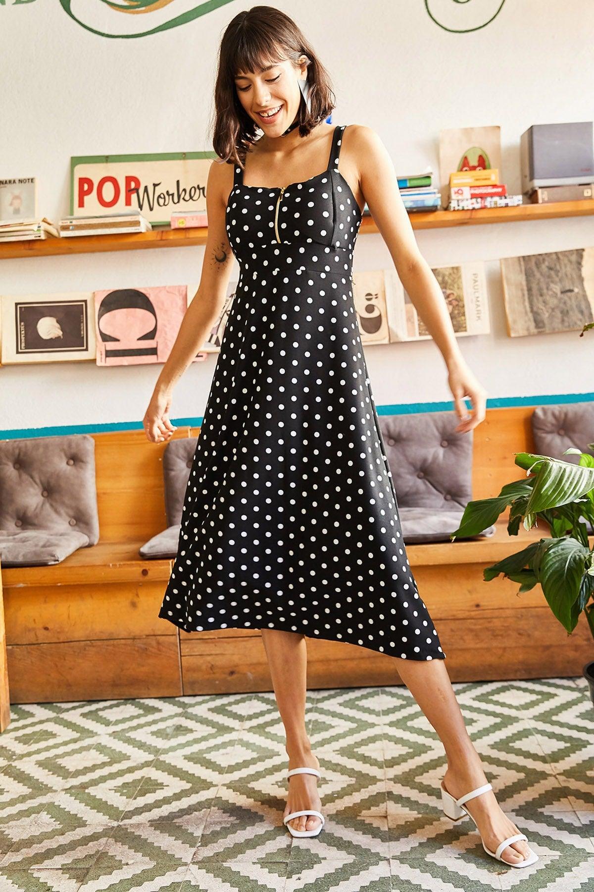 Women's Black Polka Dot Zippered Big Palm Pattern Dress ELB-19000615 - Swordslife