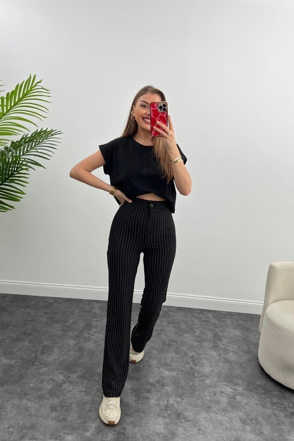 Ultra High Waist Crepe Fabric Lycra Palazzo Striped Trousers Black - Swordslife