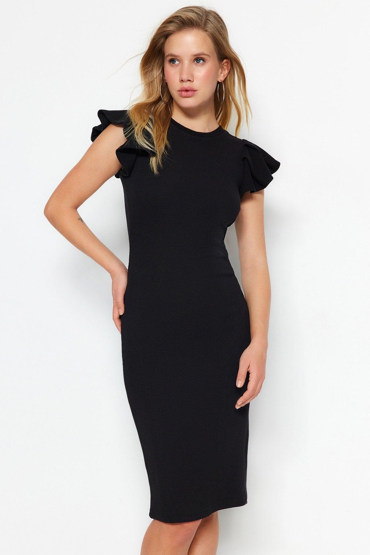 Black Ribbed Sleeves Flounce Midi Knitted Dress TWOSS23EL01708 - Swordslife