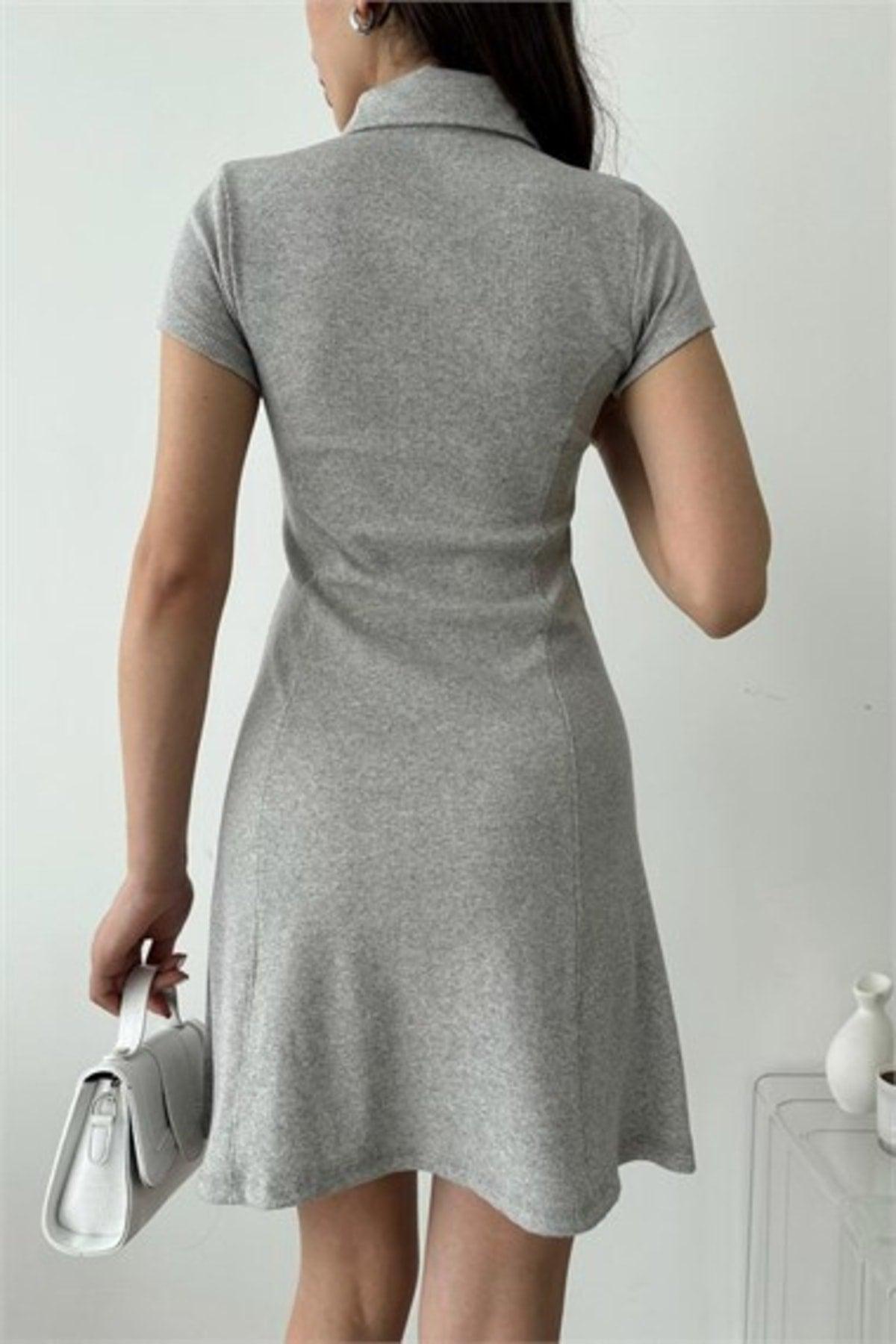 Gray Polo Neck Buttoned Fitted Summer Graduation Dress - Swordslife