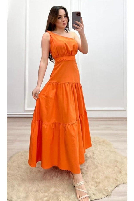 One Shoulder Maxi Poplin Dress - Swordslife