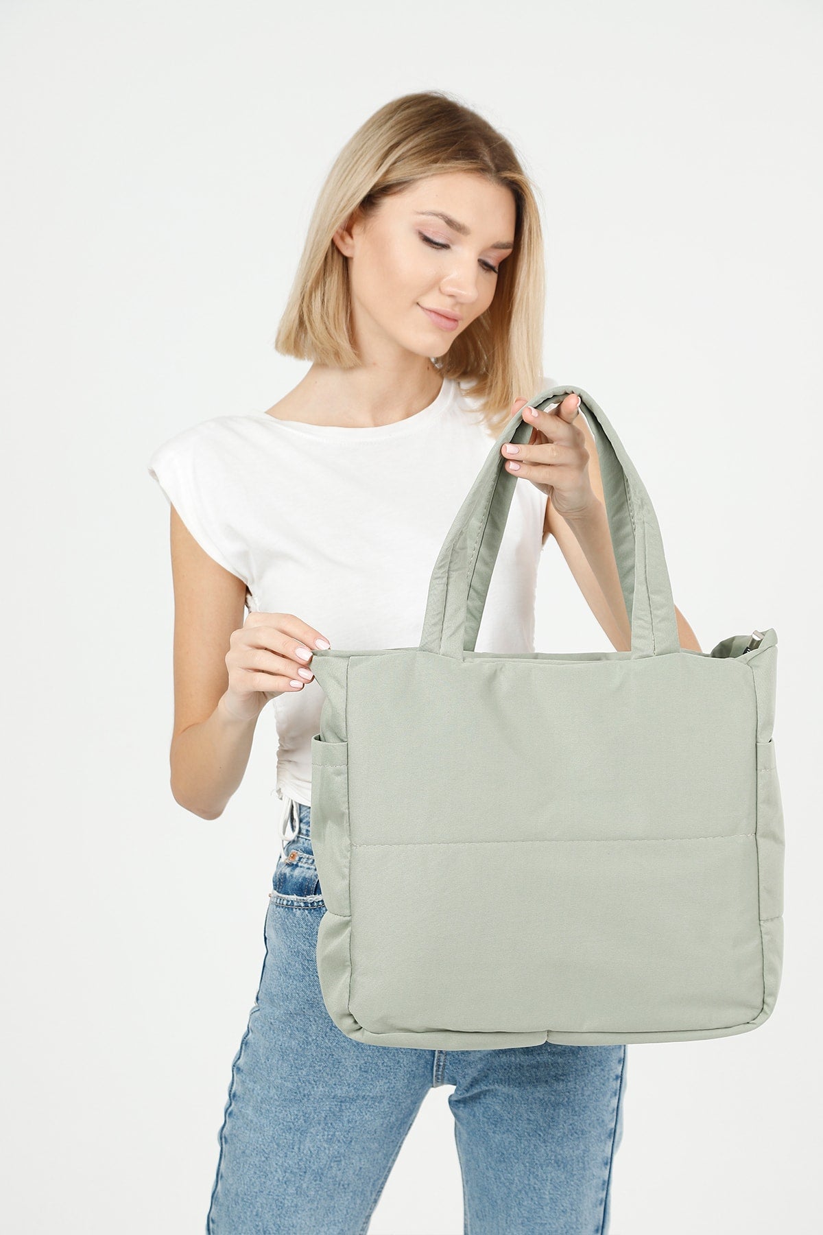 Green U25 3-Compartment Side 2 Pocket Detailed Zipper Closure Canvas Women'S Arm And Shoulder Bag B:35 E:35 G