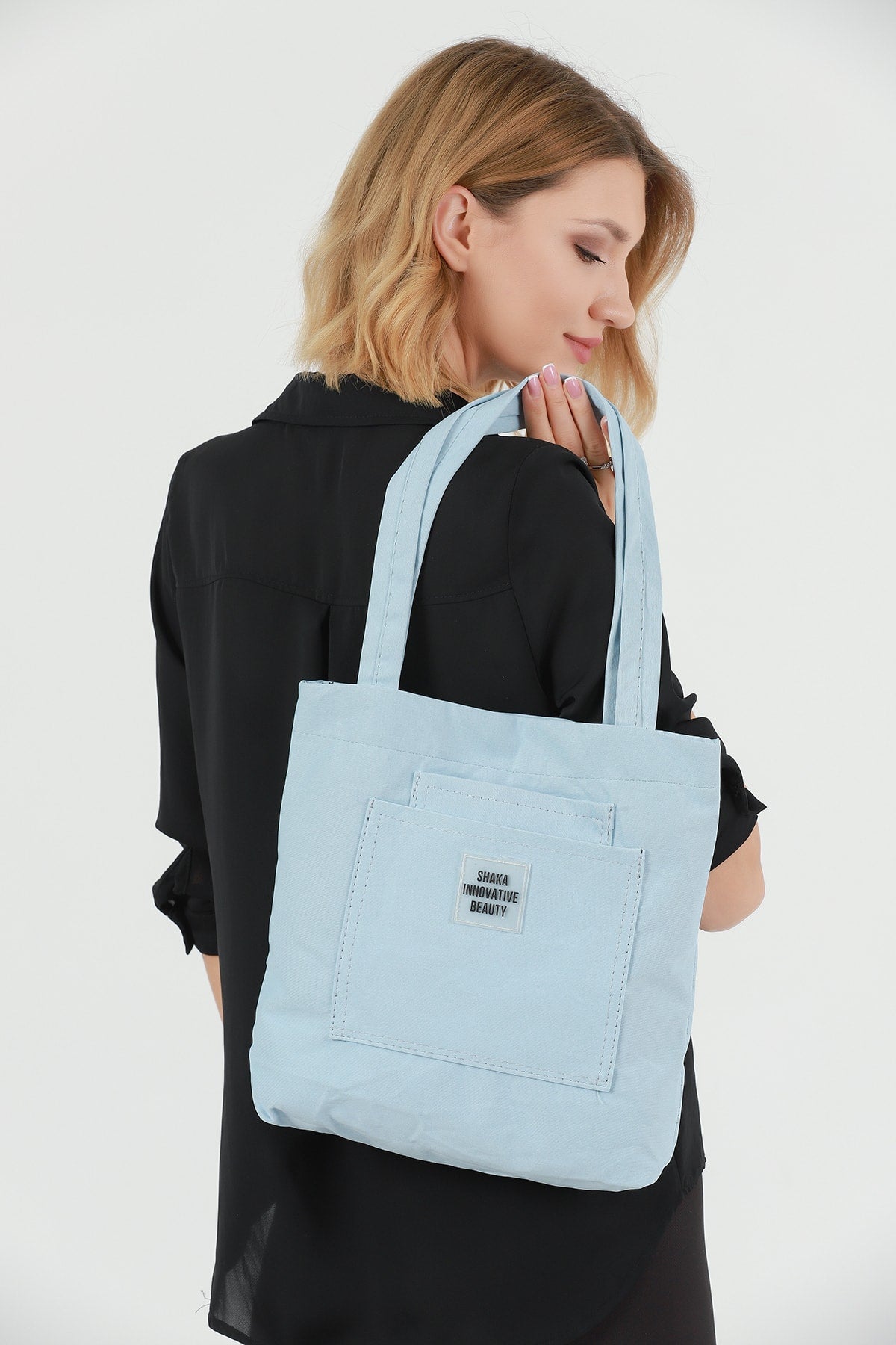 Blue U22 3-Compartment Front 2 Pocket Detailed Canvas Fabric Daily Women's Arm and Shoulder Bag B:35 E:35