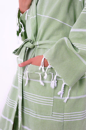 Sultan 100% Cotton Green Colored Hooded Peshtemal Bathrobe, Robe And Beach Dress - Swordslife