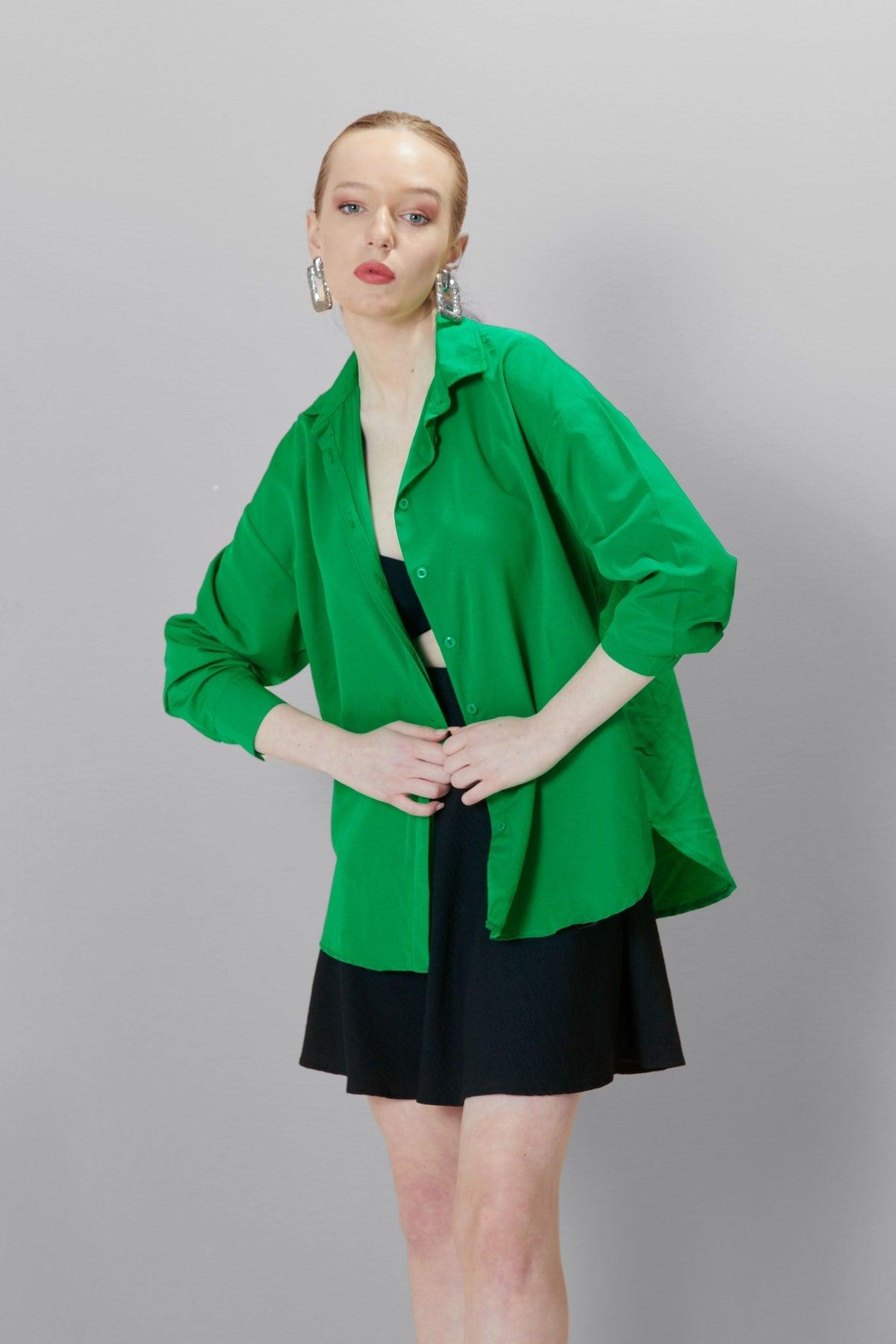 Women's Green Oversize Long Basic Shirt - Swordslife