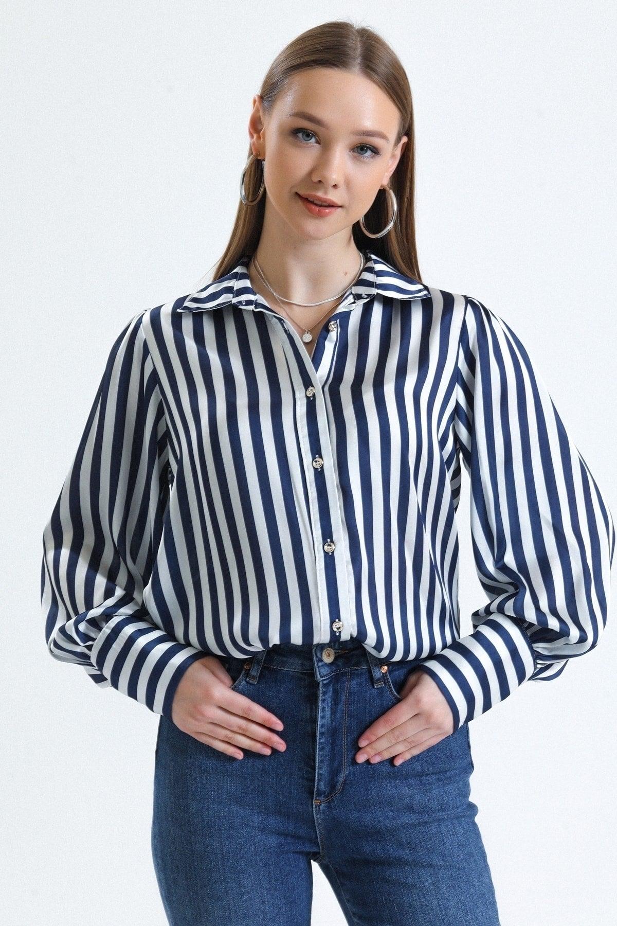 Women's Blue Balloon Sleeve Ruffle Detailed Oversize Striped Satin Shirt - Swordslife