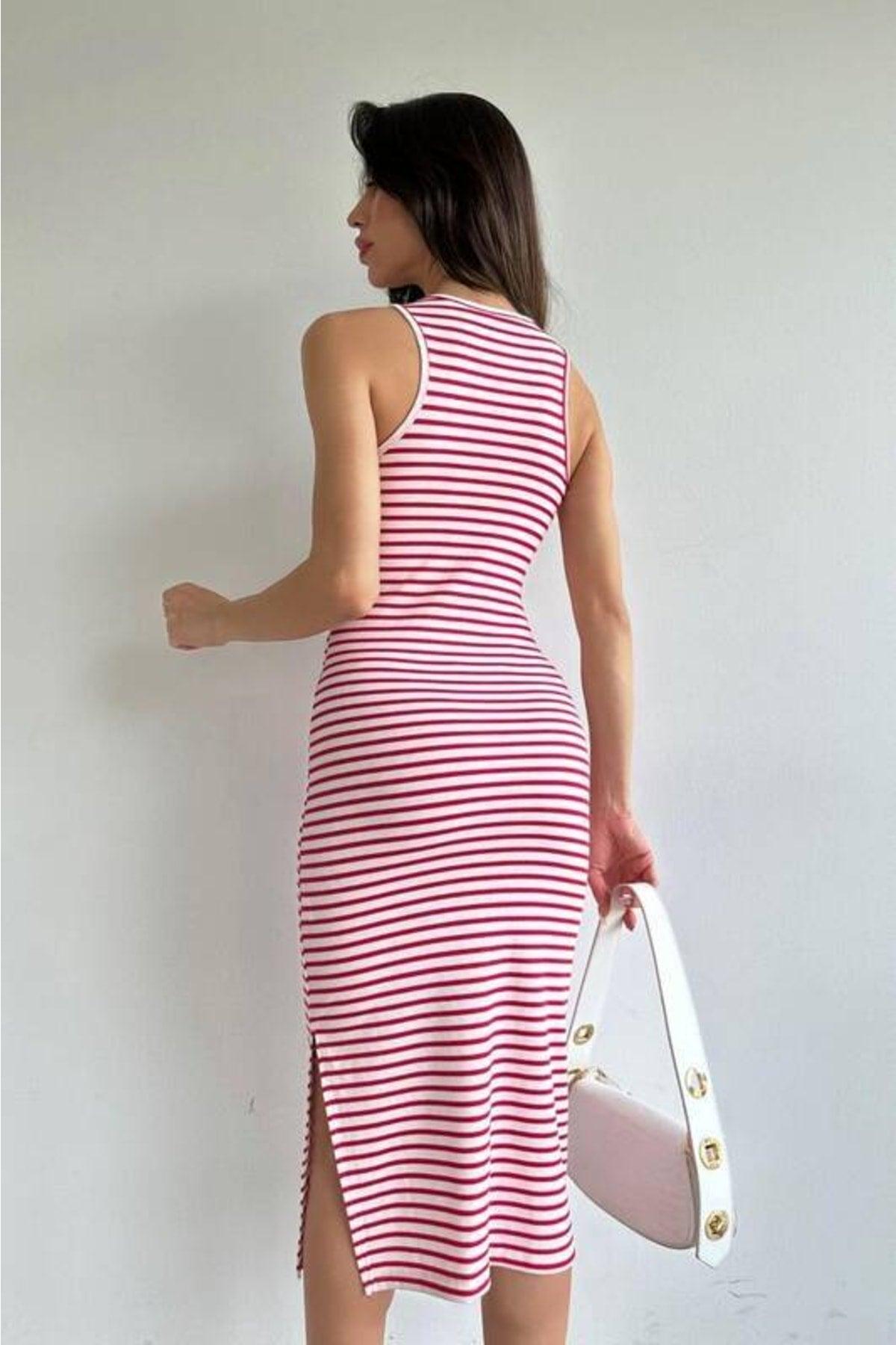 Pink Striped Midi Length Pencil Dress (zck0486) - Swordslife