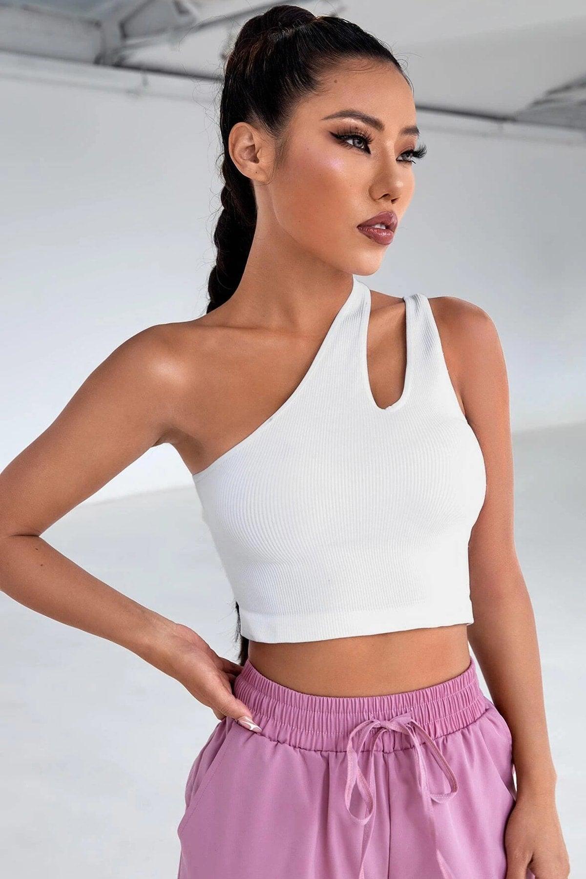 Women's White One Shoulder Cut Out Detailed Elegant Crop Top Blouse - Swordslife