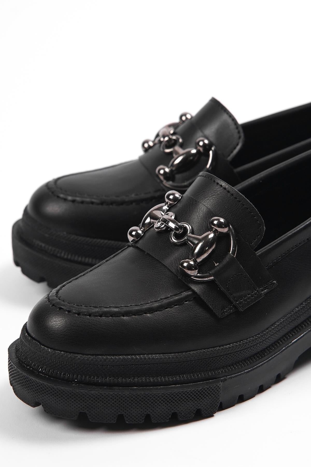 Capone Oval Toe Metal Buckle Trak Sole Black Women'S Loafers