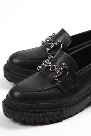 Capone Oval Toe Metal Buckle Trak Sole Black Women'S Loafers