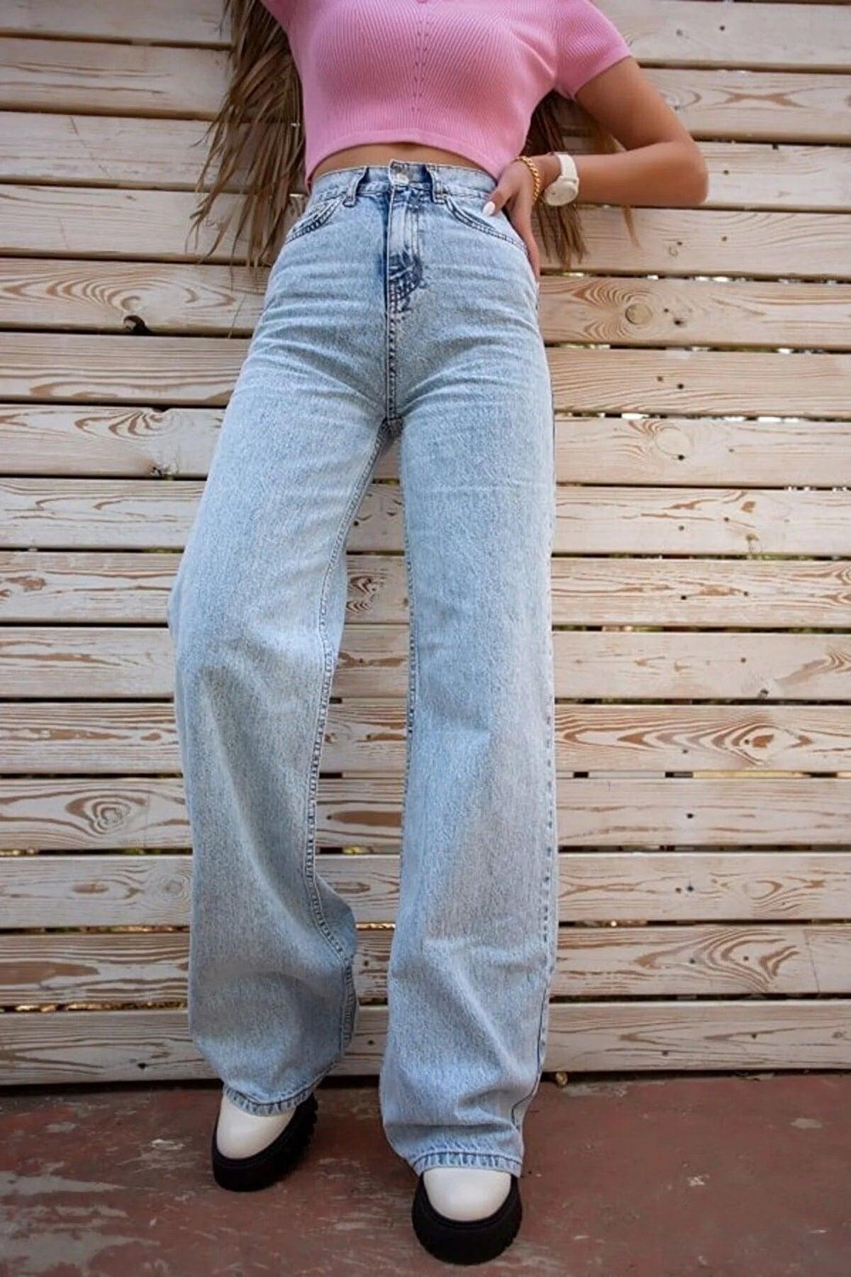 Perry Light Blue Snow Wash Super High Waist Wide Leg Denim Jeans - Swordslife