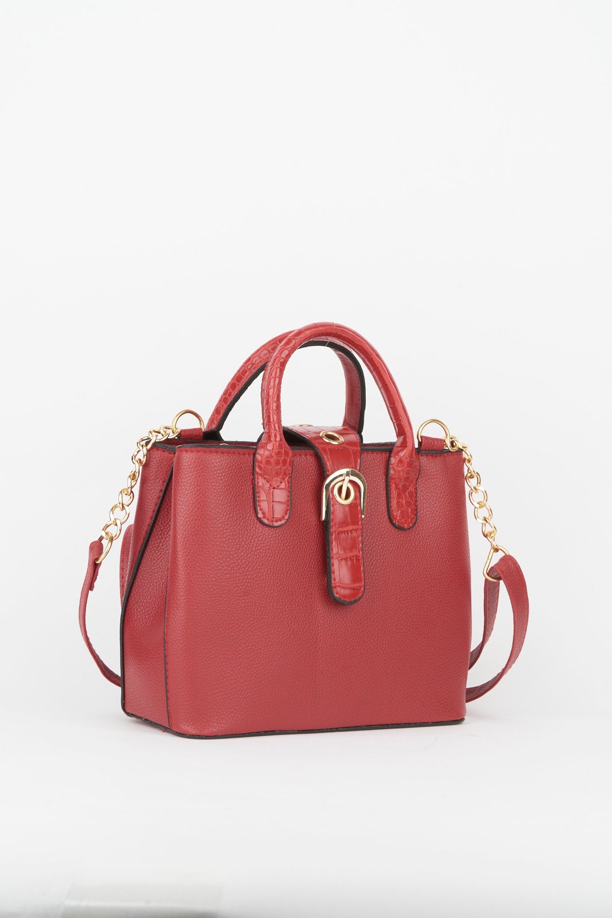 Women'S Red Croco Handle Strap 2 Compartment Snap Zipper Closure Hand And Shoulder Bag