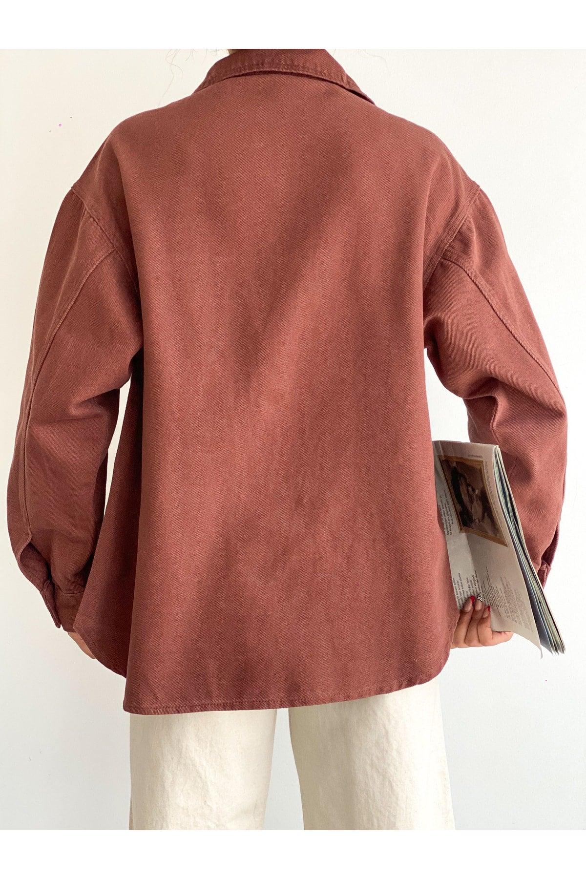 Women's Oversize Long Sleeve Double Pocket Jacket Shirt Brown - Swordslife