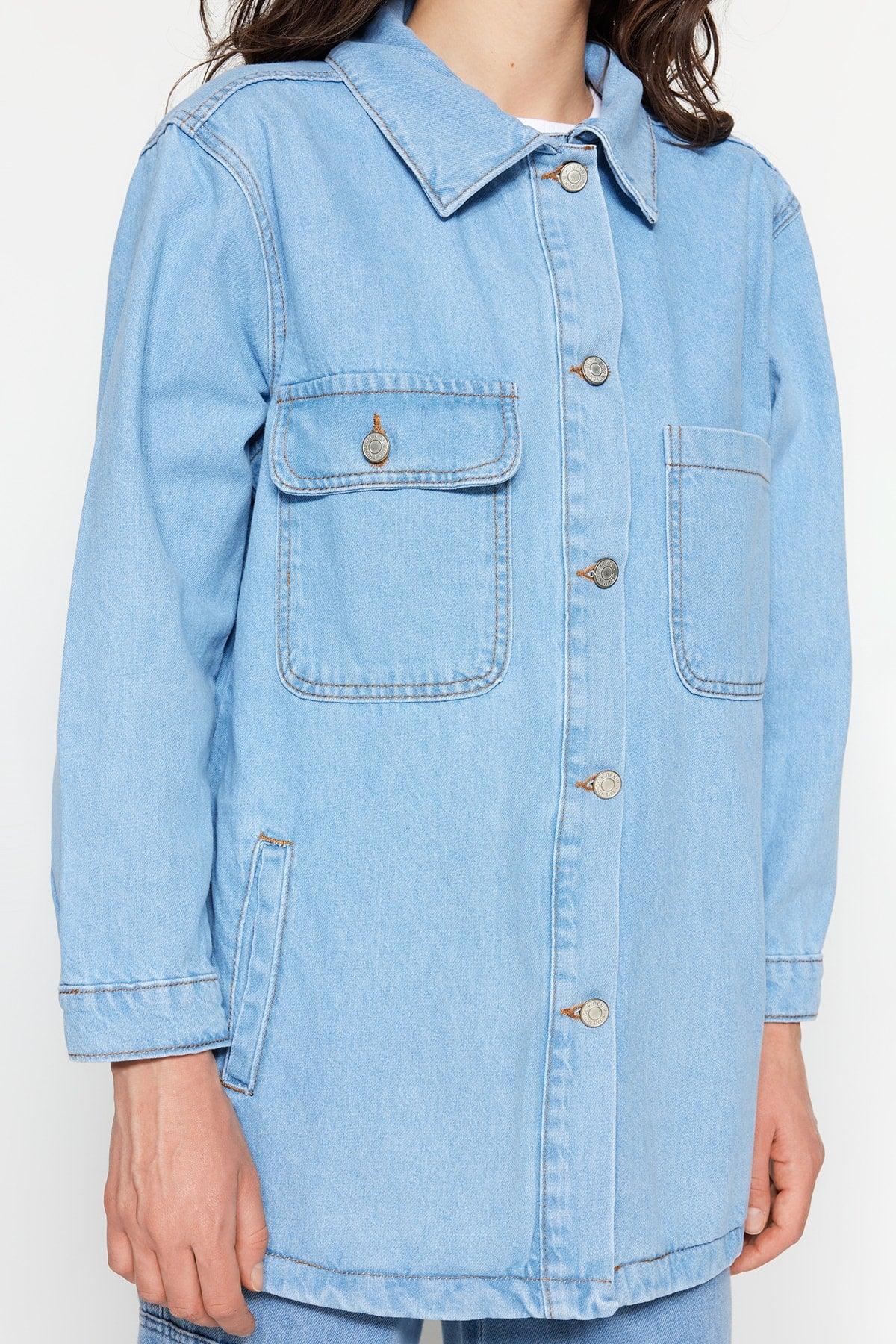 Ice Blue Oversize Denim Lycra Free Denim Jacket TCTSS23CK00001 - Swordslife