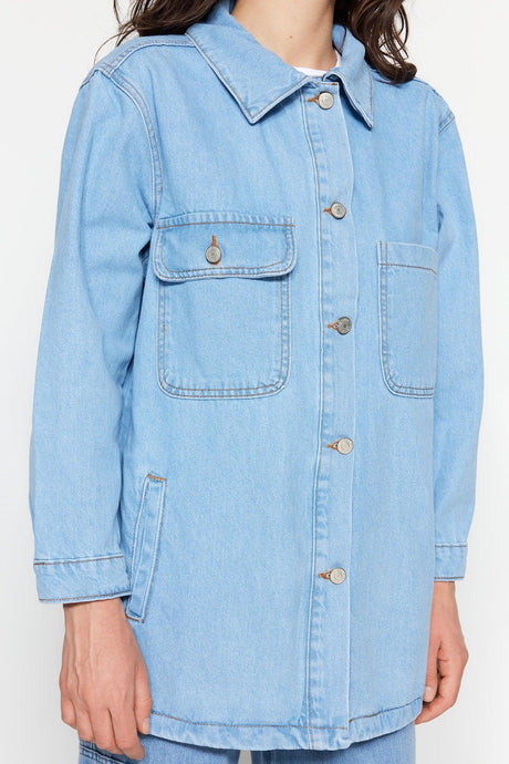 Ice Blue Oversize Denim Lycra Free Denim Jacket TCTSS23CK00001 - Swordslife