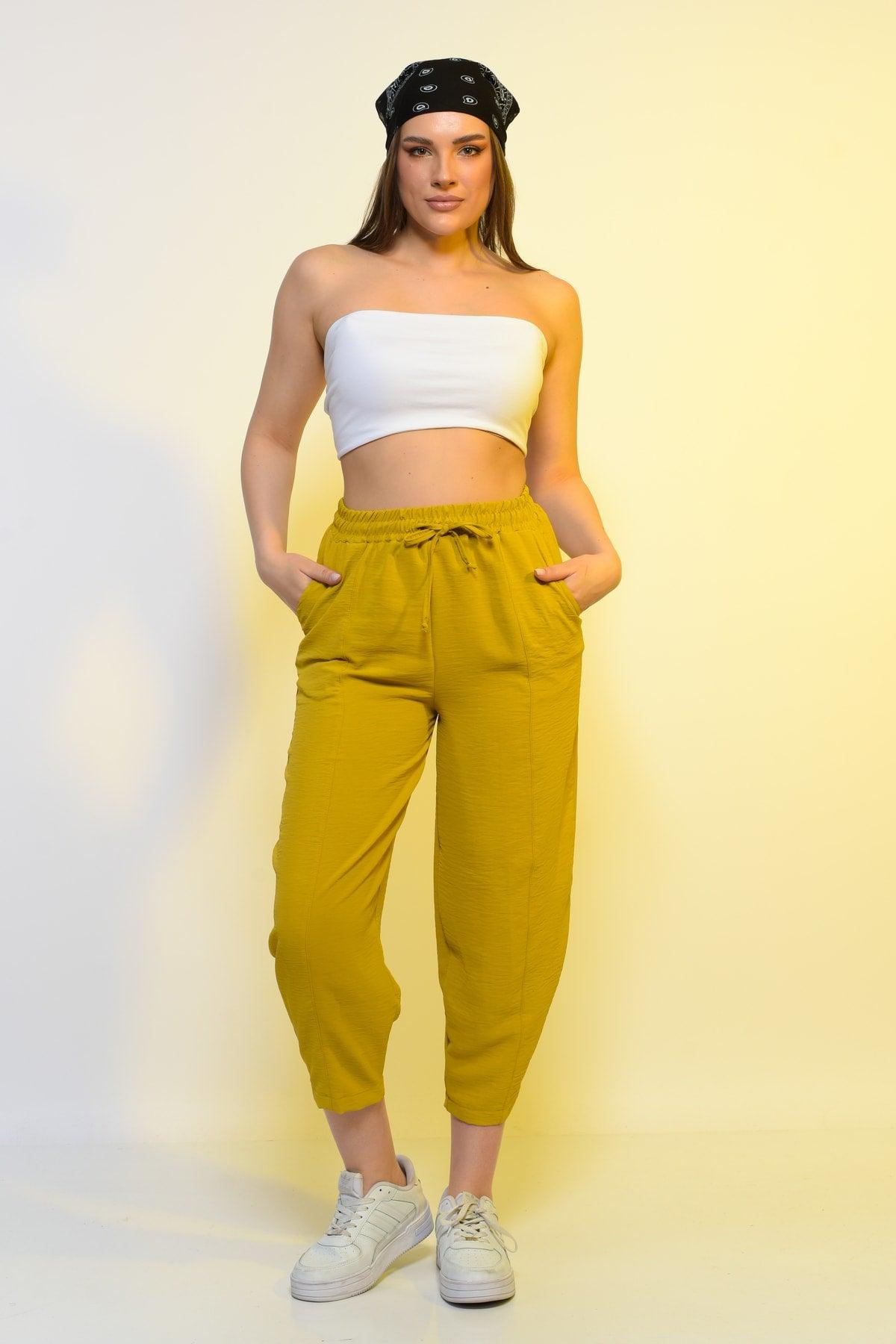 New Season Summer Elastic Waist Slim Pants High Waist Women Mustard Color Casual Trousers - Swordslife