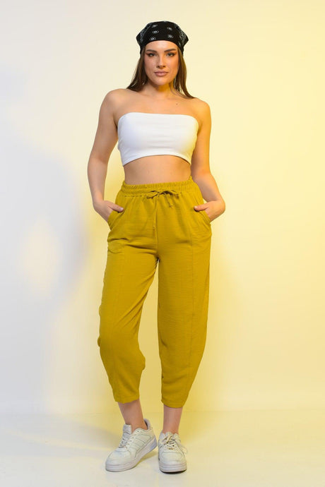 New Season Summer Elastic Waist Slim Pants High Waist Women Mustard Color Casual Trousers - Swordslife
