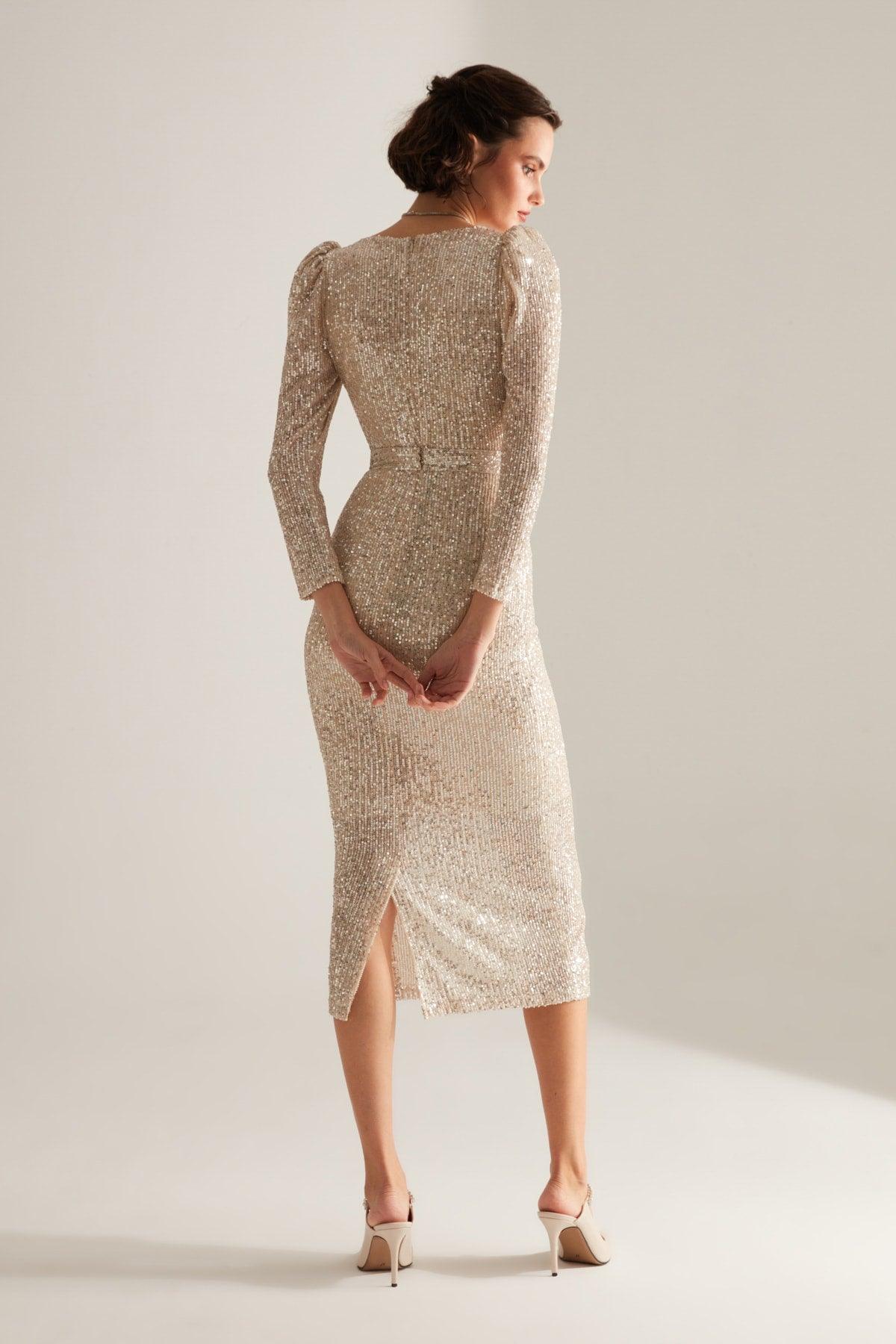 Degajee Collar Pencil Skirt Gold Silvery Sequin Engagement Dress - Swordslife