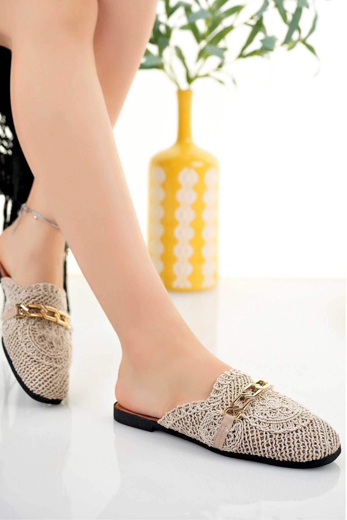 Women'S Closed Front Straw Slippers Beige Lace Knitted Embroidered Dowry Daily Slippers