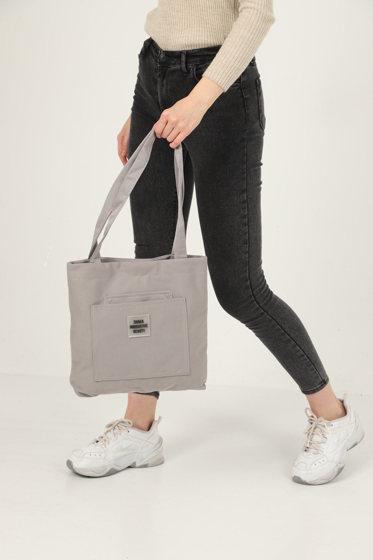 Gray U22 3-Compartment Front 2 Pocket Detailed Canvas Fabric Daily Women'S Arm And Shoulder Bag B:35 E:35