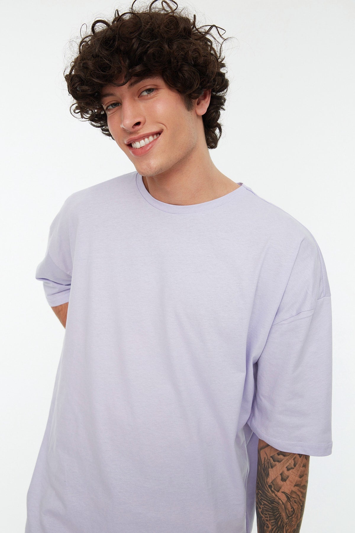 Lilac Men'S Oversize Basic Crew Neck Short Sleeved 100% Cotton T-Shirt Tmnss22Ts0318