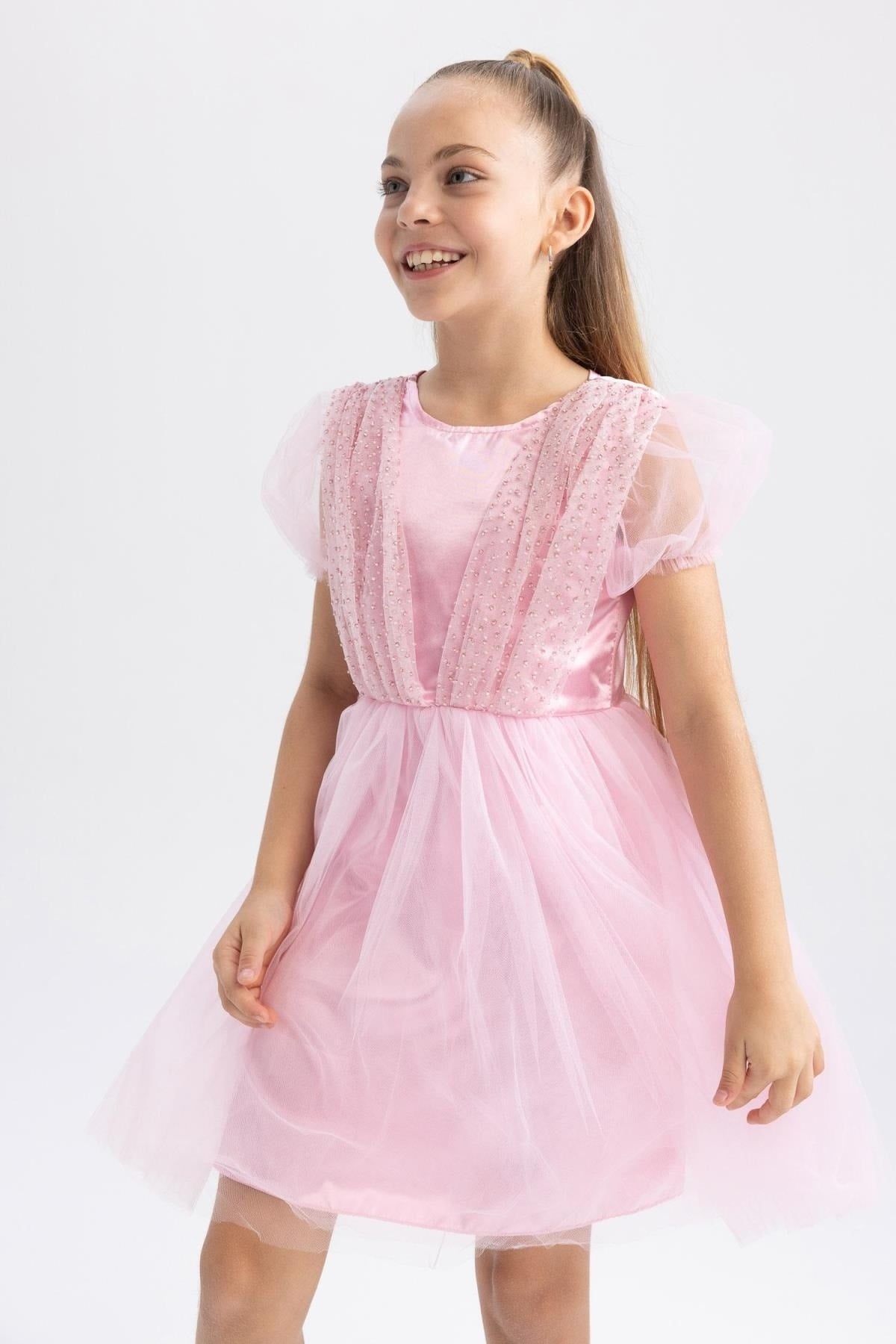 Girl Crew Neck Short Sleeve Tulle Dress