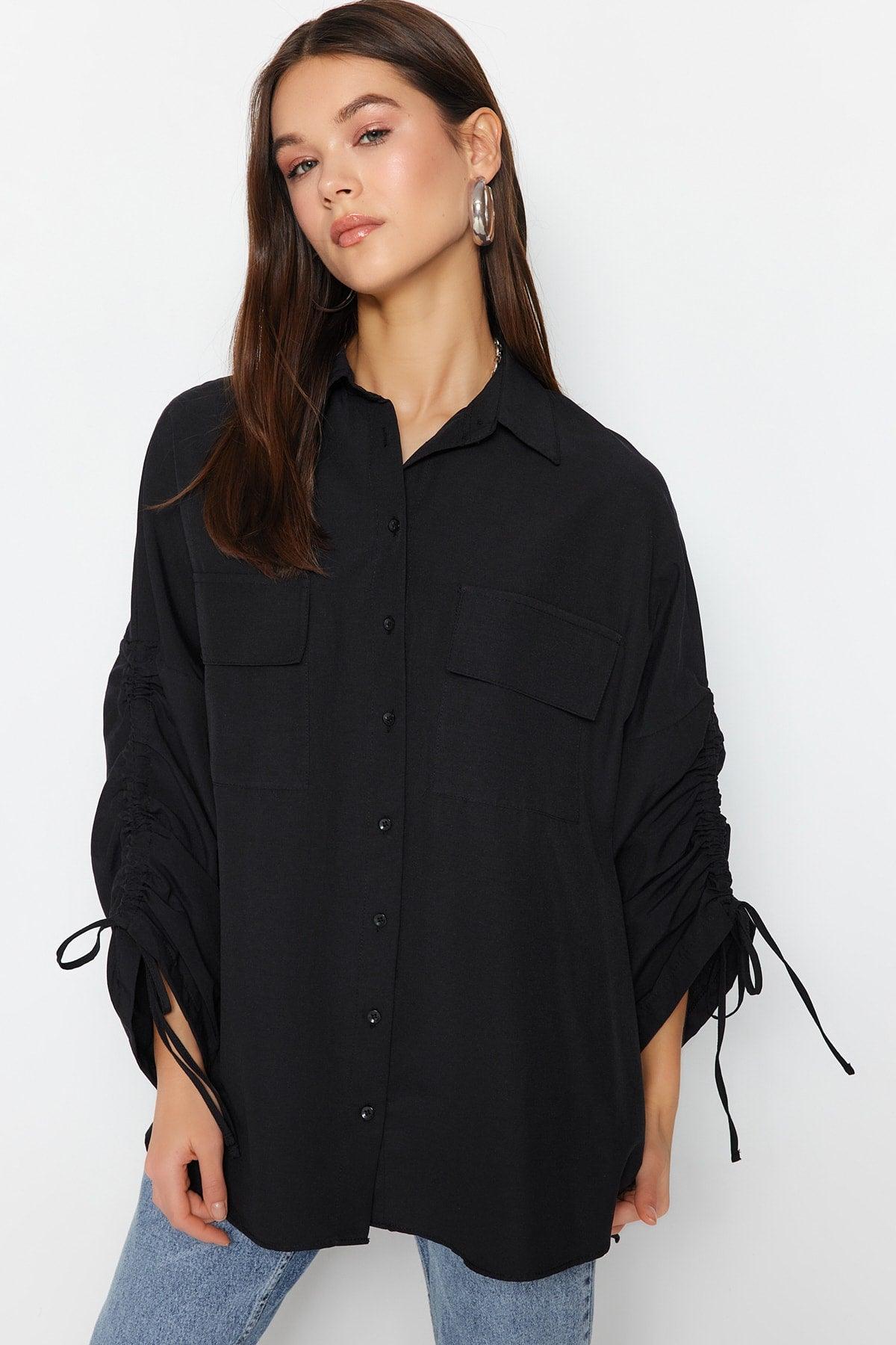 Black Adjustable Ruffle Detailed Woven Cotton Shirt TCTSS23TG00011 - Swordslife