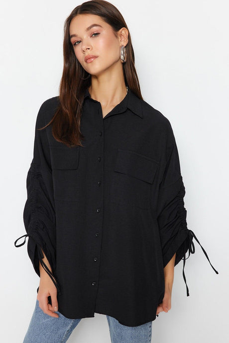 Black Adjustable Ruffle Detailed Woven Cotton Shirt TCTSS23TG00011 - Swordslife