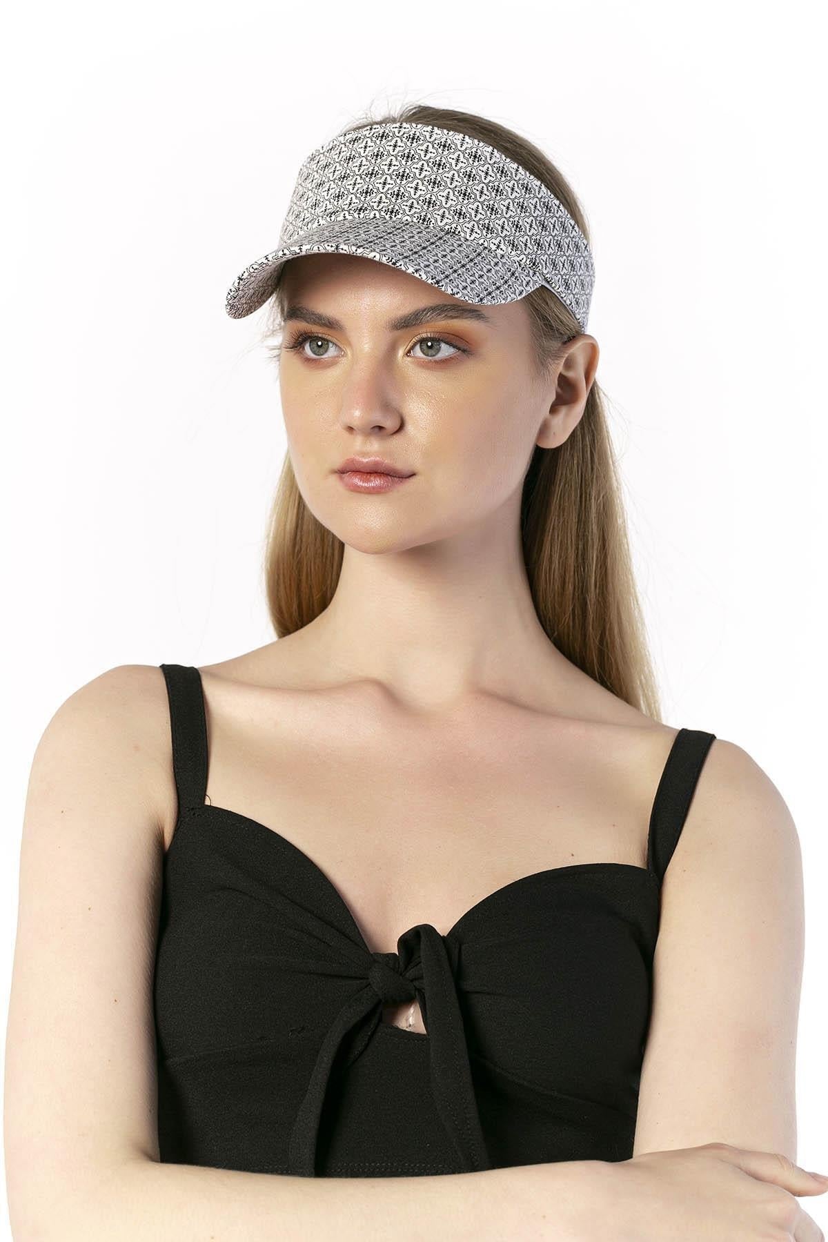 14048 UV Protected Ethnic Pattern Open Top White Visor Hat