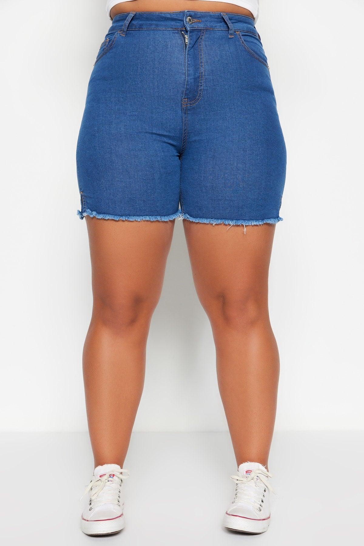 Light Blue High Waist Flexible Skinny Side Slit Denim Shorts & Bermuda TBBSS23AP00009 - Swordslife