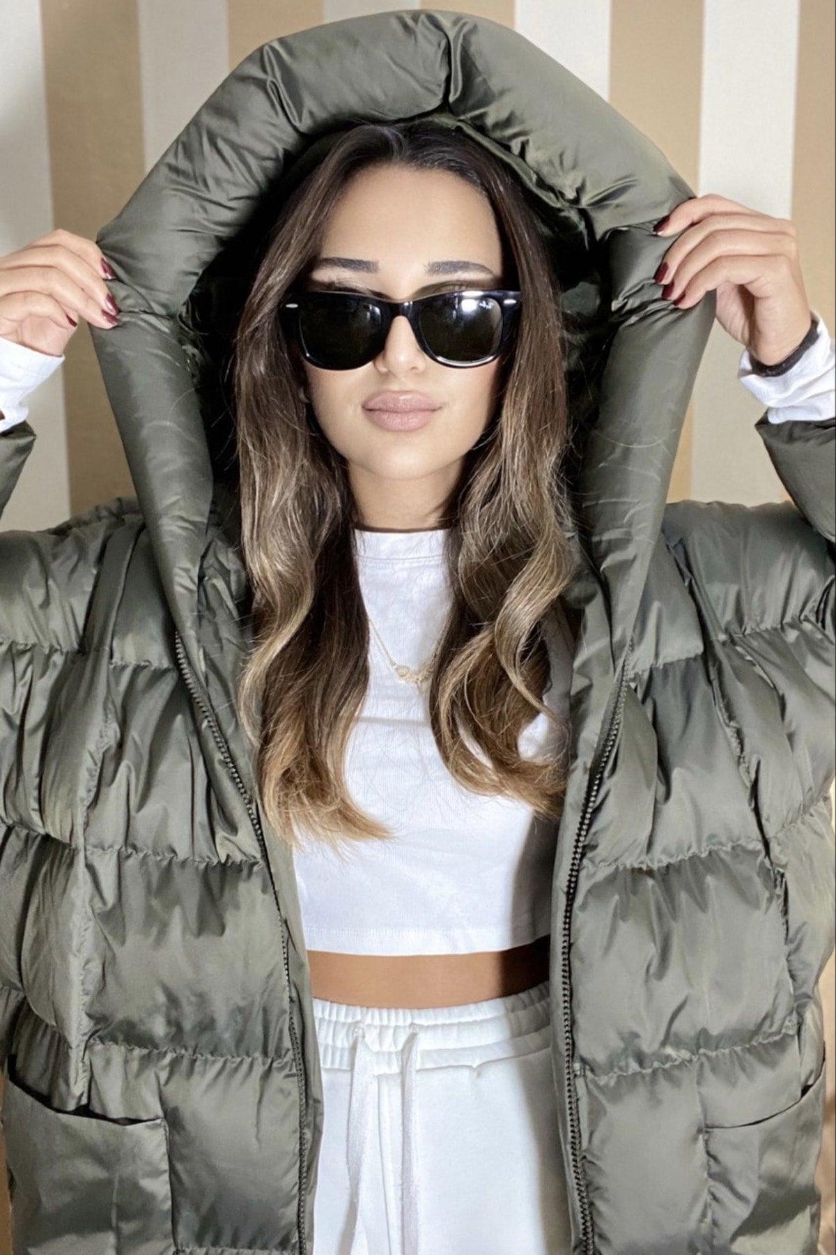 Women's Khaki Hooded Inflatable Long Oversize Coat - Swordslife