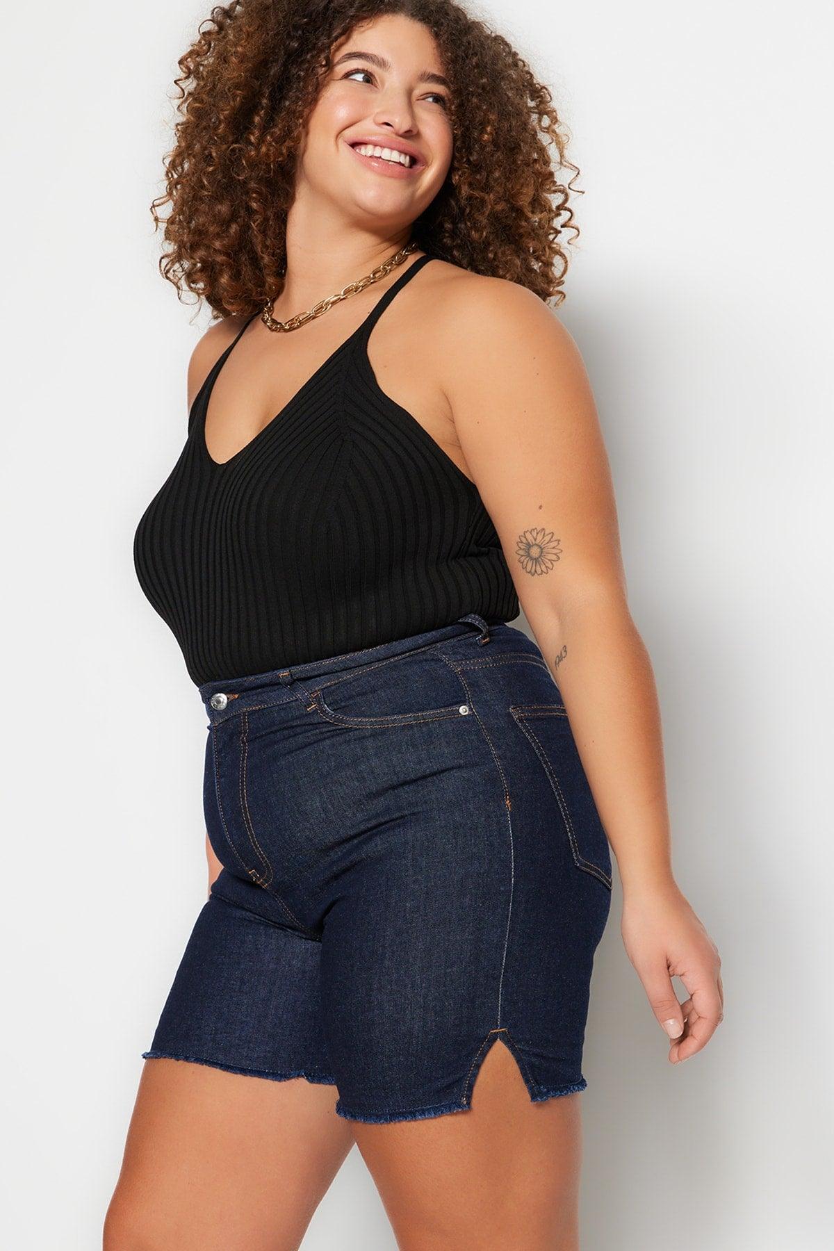 Dark Blue High Waist Stretchy Skinny Plus Size Shorts & Bermuda TBBSS23AP00009 - Swordslife