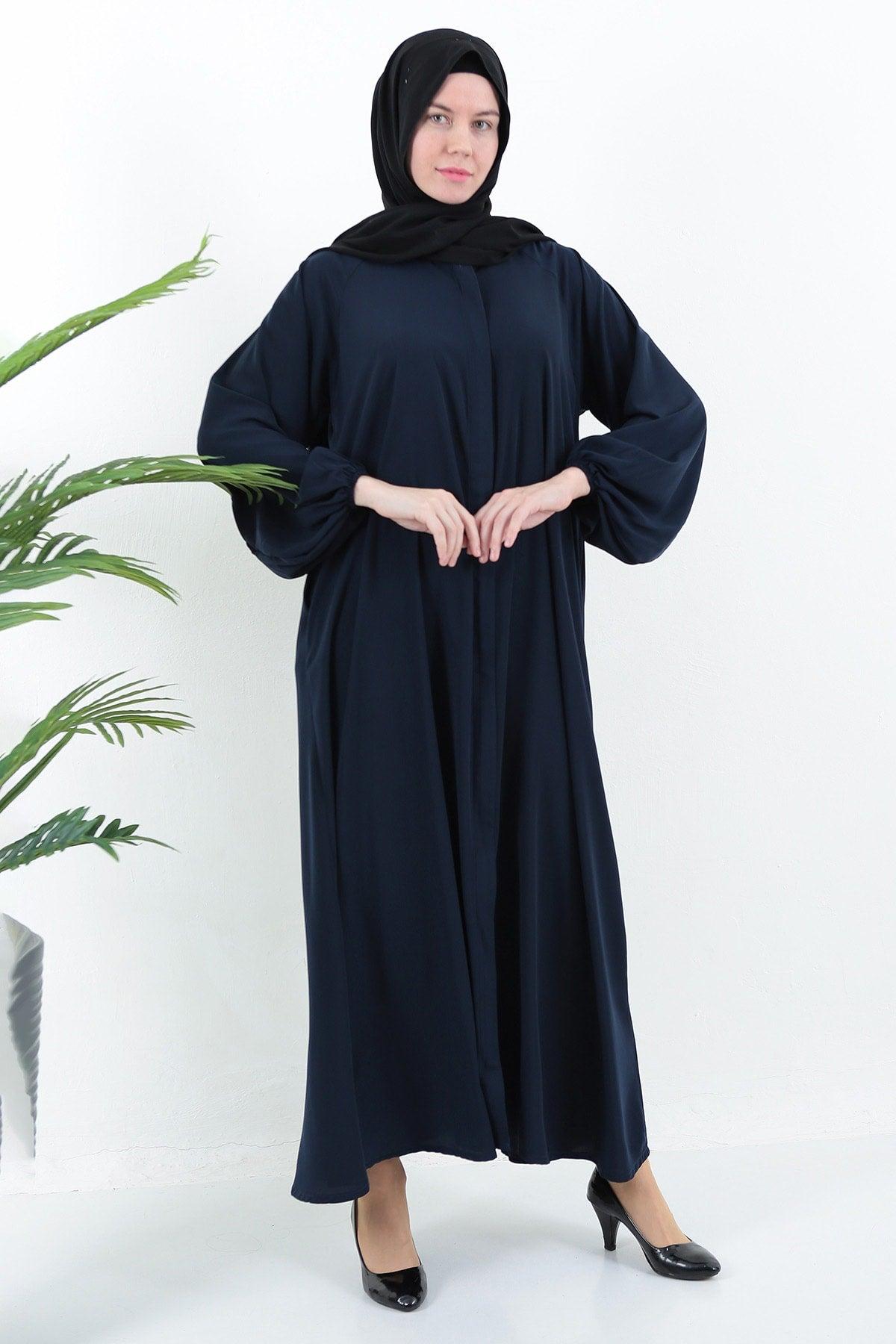 Navy Blue Zippered Belted Pocket Abaya Hijab - Swordslife