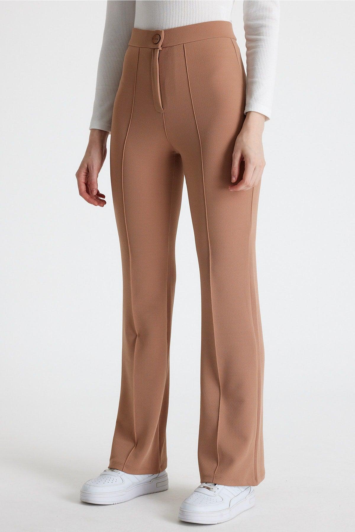 Women's Beige High Waist Gatherer Flared Leg Palazzo Trousers - Swordslife