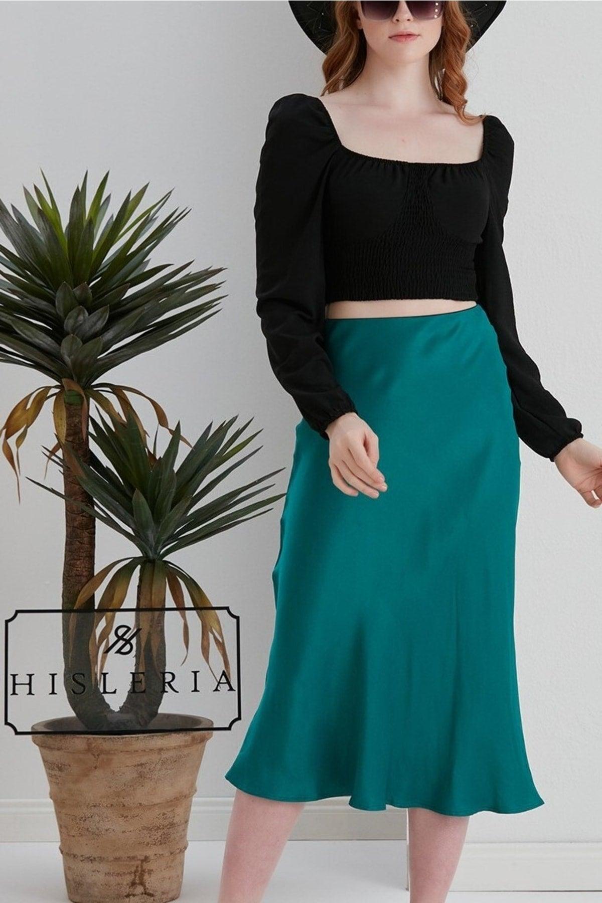 Verev Viscose Satin Fabric Emerald Green Midi Length Skirt - Swordslife