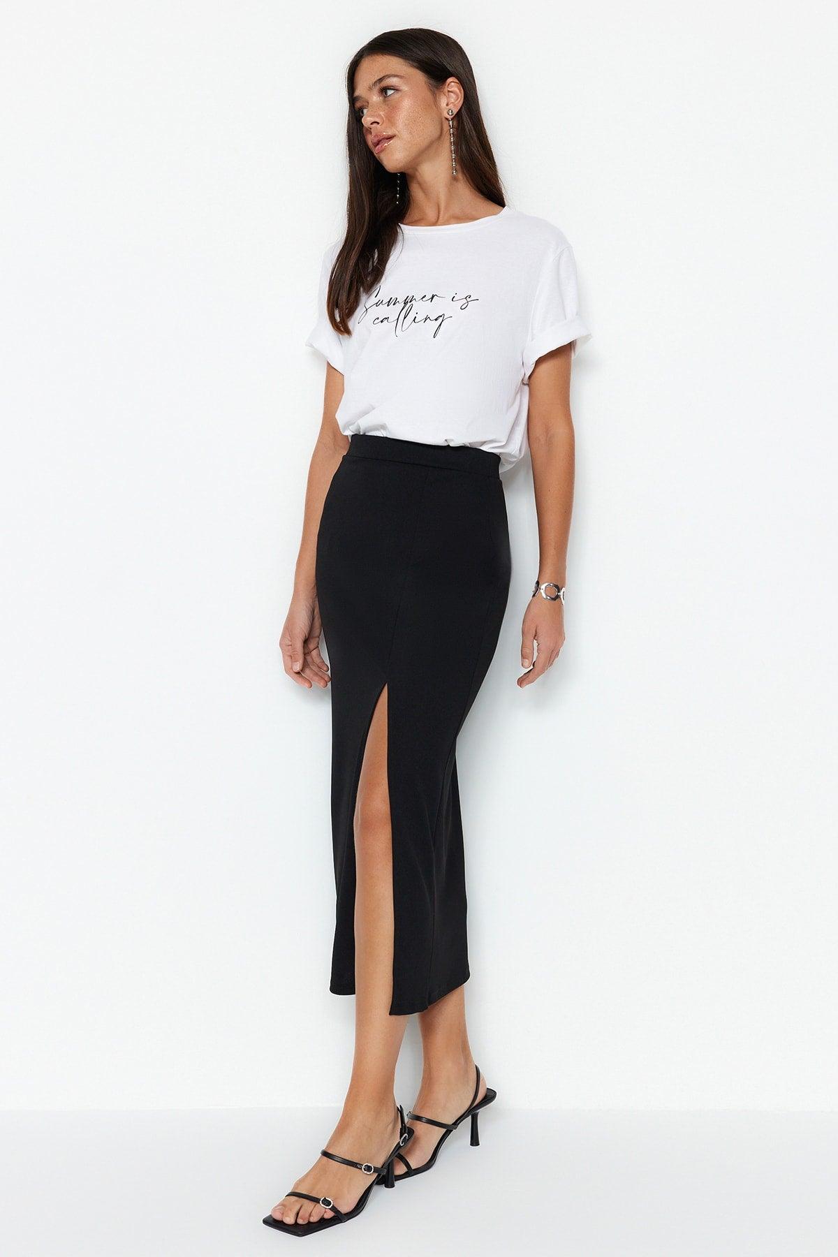 Black Slit Detailed Crepe Maxi Knitted Skirt TWOSS23ET00351 - Swordslife