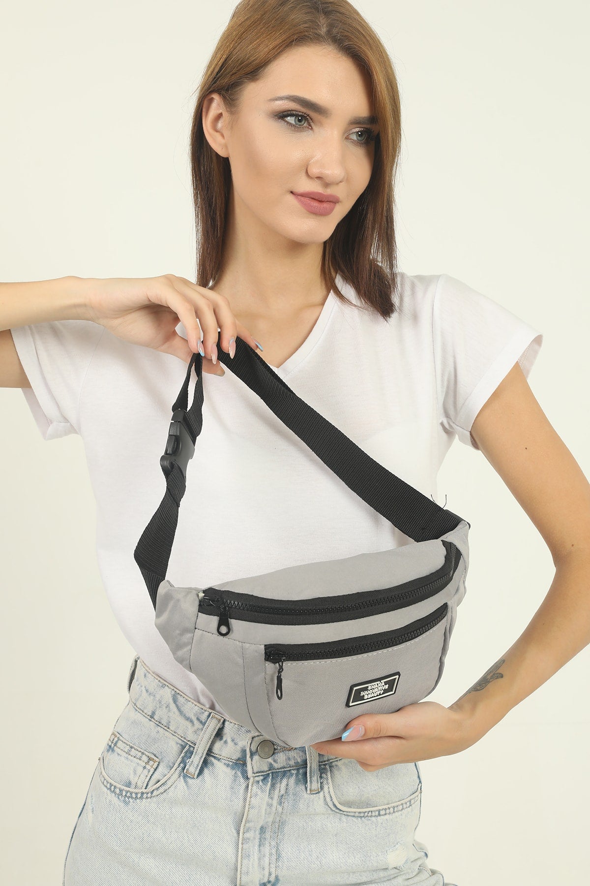 Gray U8 2-Compartment Adjustable Cross Strap Canvas Unisex Waist And Shoulder Bag E:38 B:17 G:7