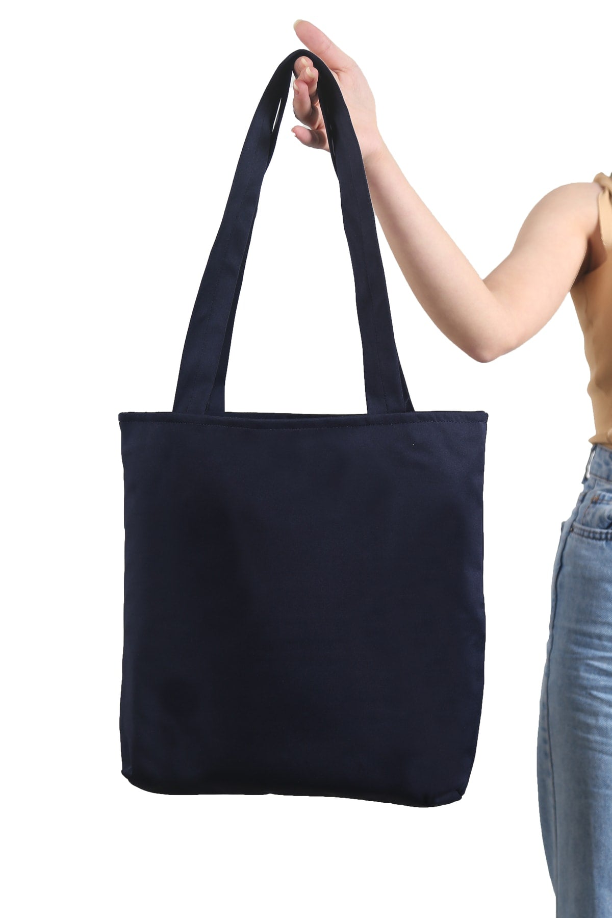 Women's Navy Blue Bag Zippered Hand And Shoulder Bag Canvas Fabric Tote Bag