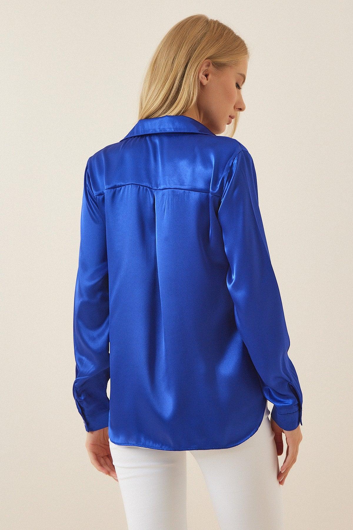 Women's Cobalt Blue Light Flowy Satin Shirt DD00990 - Swordslife